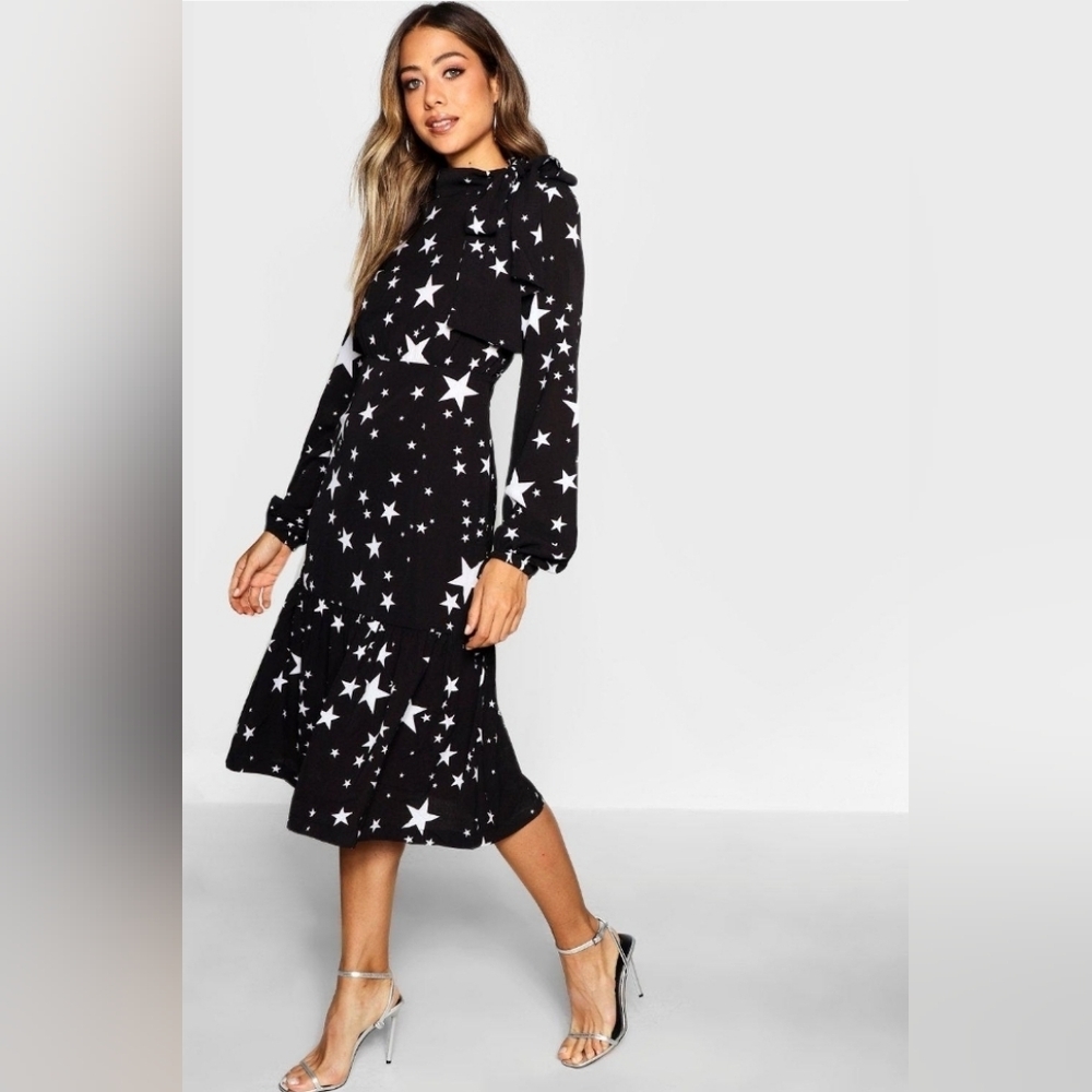 Boohoo Tie Neck Star Print Midi Dress